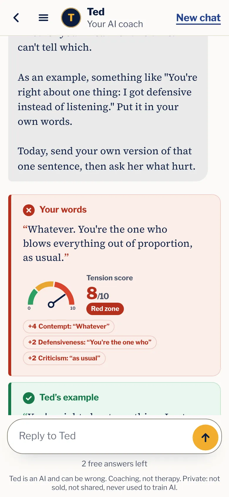The tension score under Ted’s answer: 8 out of 10 for his words, 0 for Ted’s example