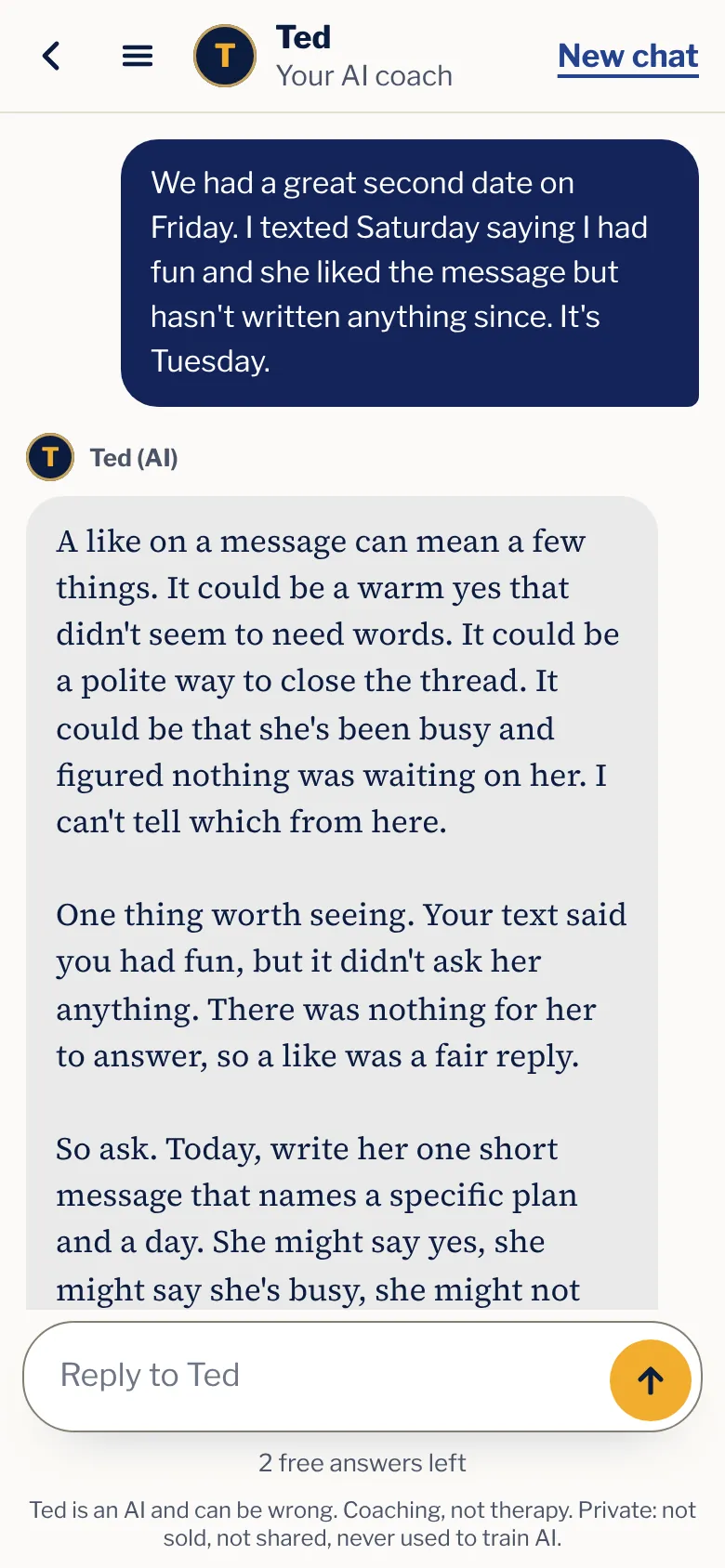 Ted answering a man whose date went quiet